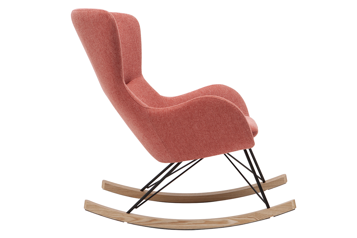 Rocking chair scandinave en tissu effet velours textur� terracotta, m�tal noir et bois clair ESKUA