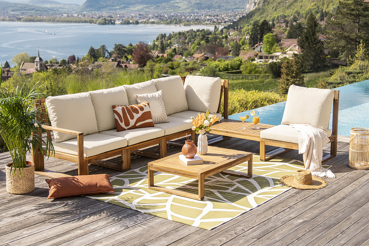 Salon de jardin d'angle 6-8 places en bois massif avec coussins d�houssables beige naturel SALSA