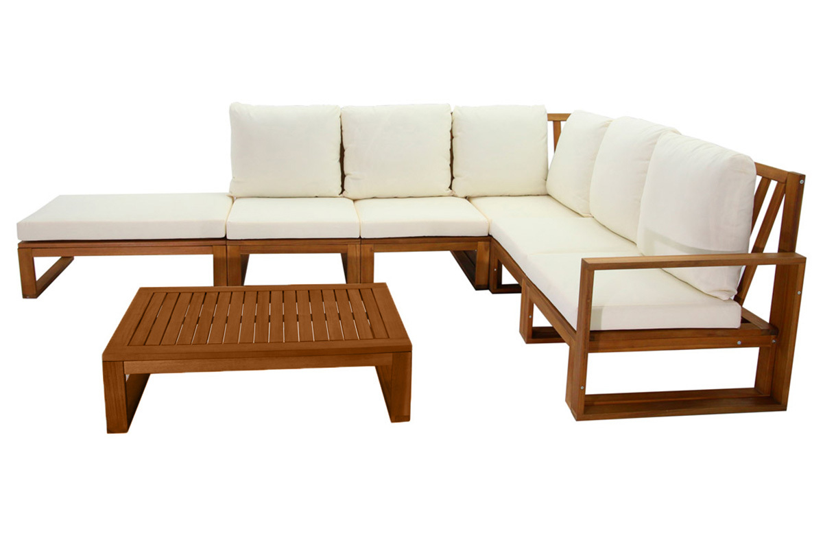 Salon de jardin d'angle 6-8 places en bois massif avec coussins d�houssables beige naturel SALSA