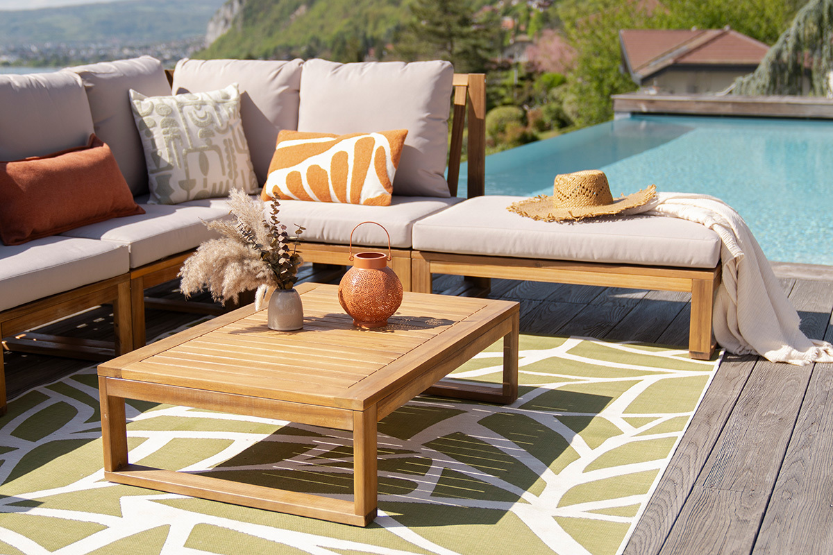Salon de jardin d'angle 6-8 places en bois massif avec coussins d�houssables taupe SALSA