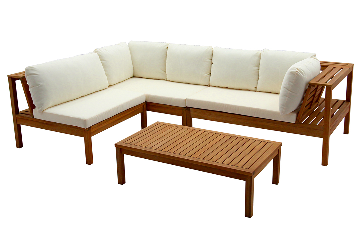 Salon de jardin d'angle 6 places en bois massif avec coussins d�houssables beige naturel BELIZE