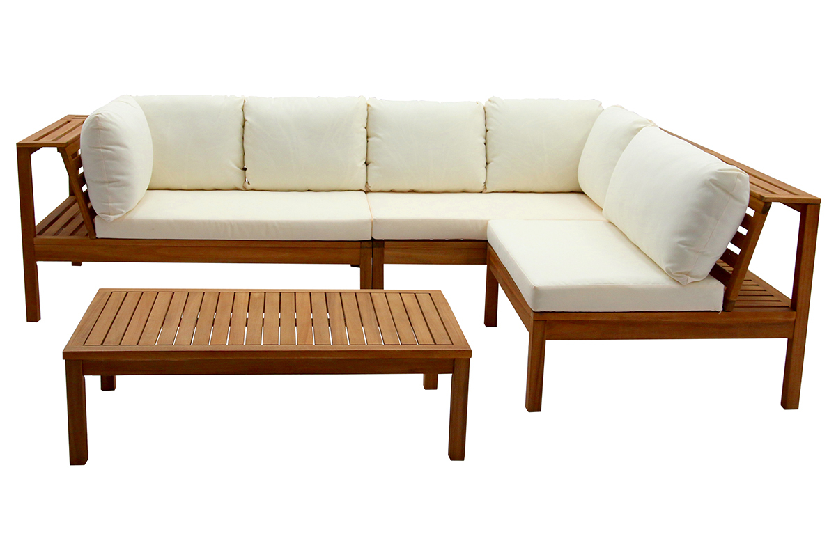 Salon de jardin d'angle 6 places en bois massif avec coussins d�houssables beige naturel BELIZE