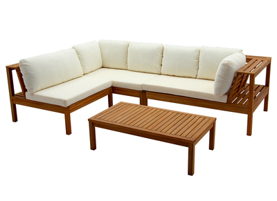 Salon de jardin d'angle 6 places en bois massif avec coussins d&eacute;houssables beige naturel BELIZE