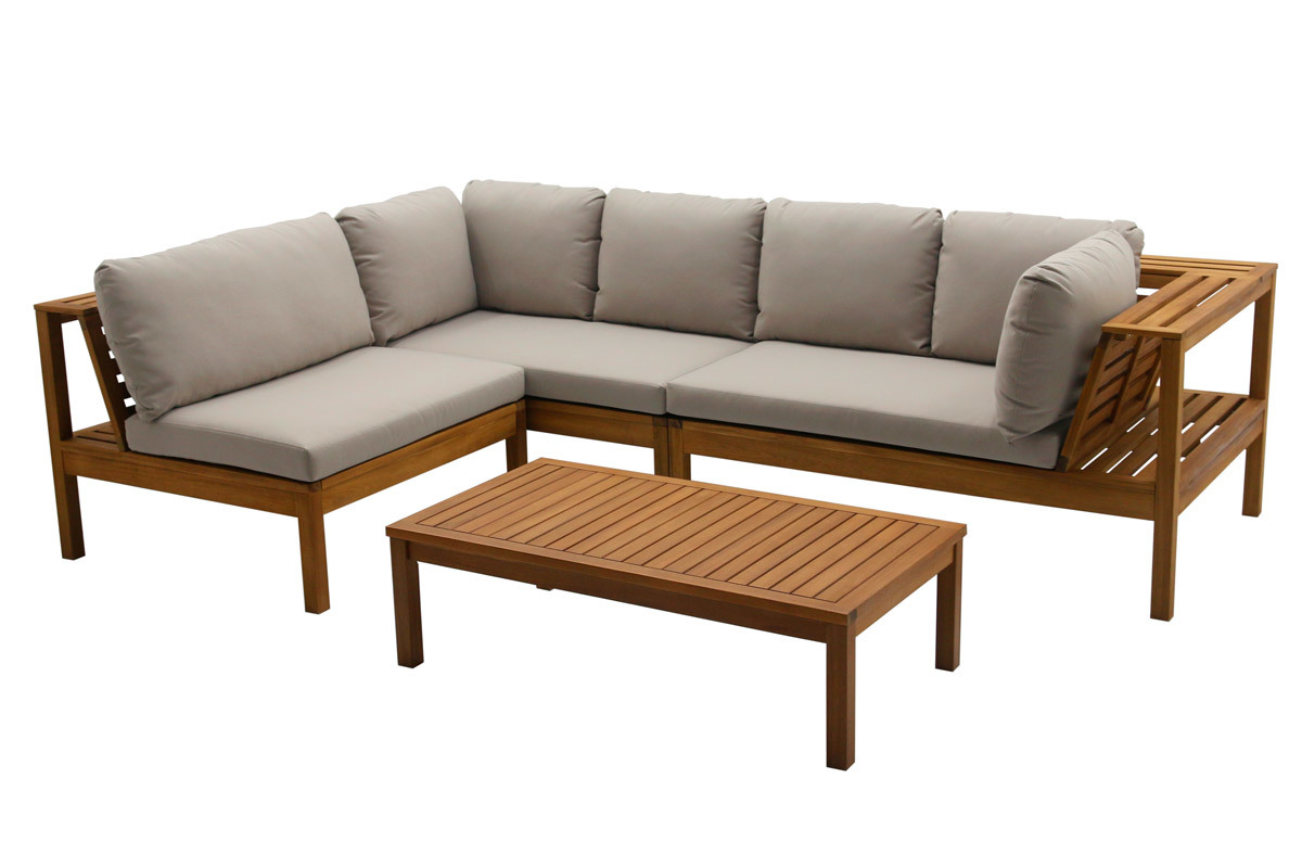 Salon de jardin d'angle 6 places en bois massif avec coussins d�houssables taupe BELIZE