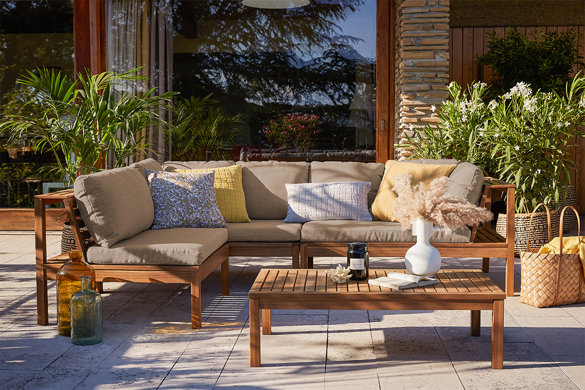 Salon de jardin d'angle 6 places en bois massif avec coussins d�houssables taupe BELIZE