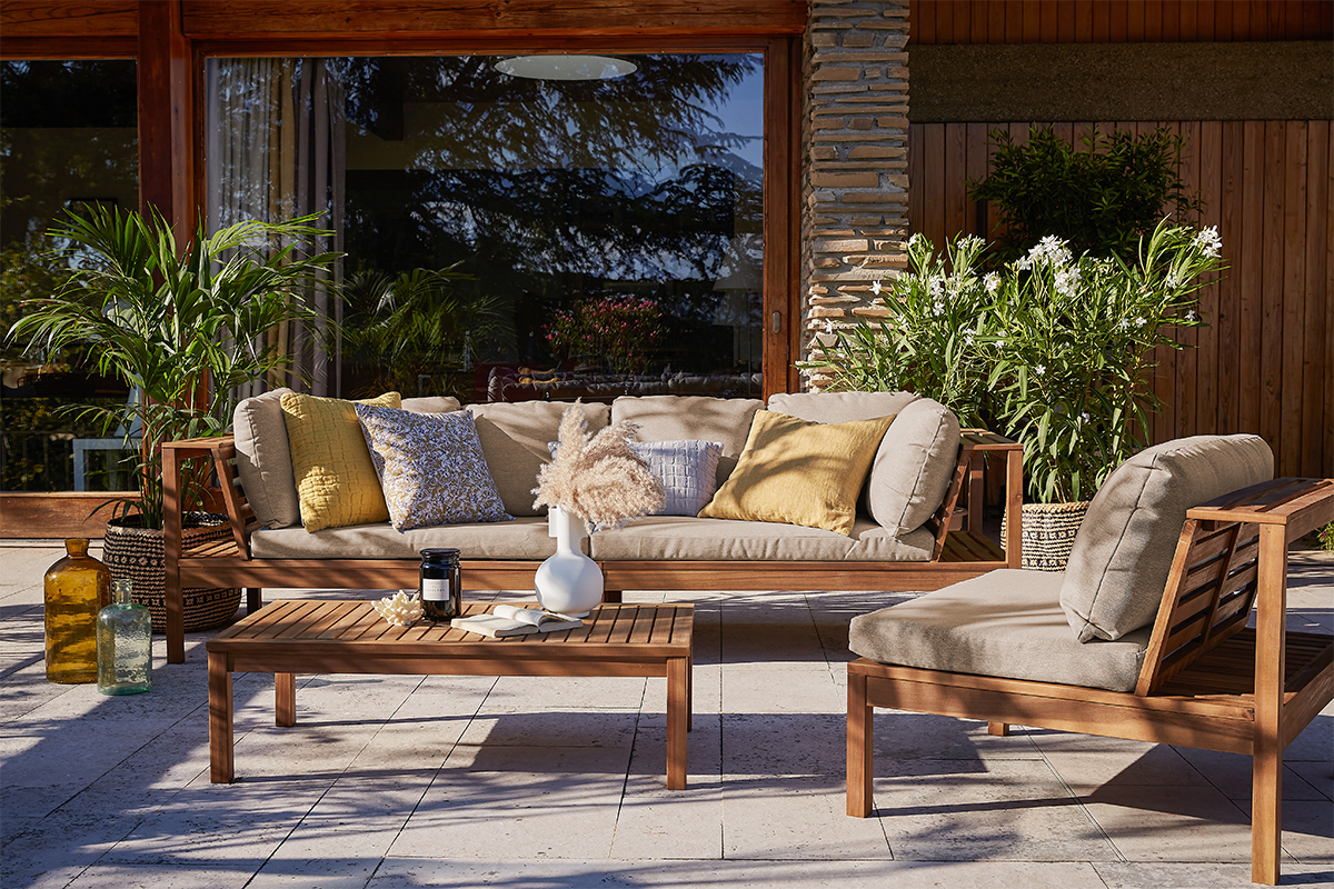 Salon de jardin d'angle 6 places en bois massif avec coussins d�houssables taupe BELIZE