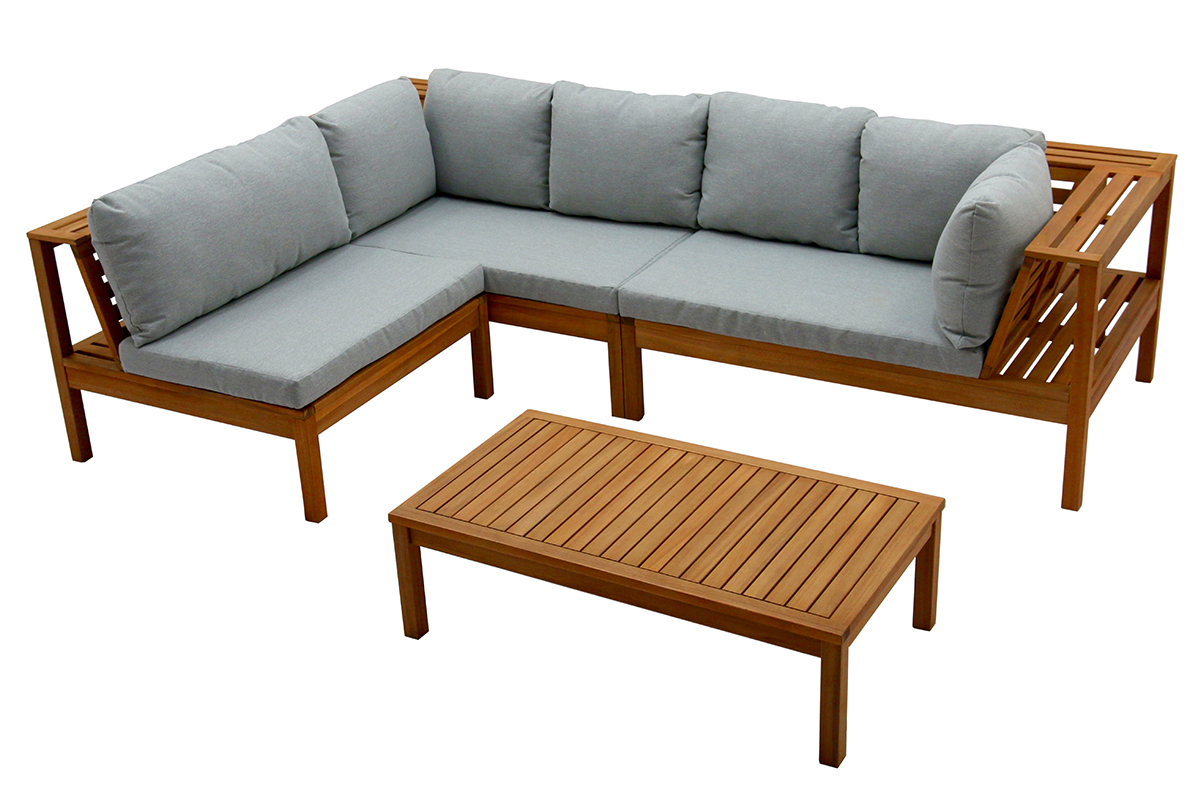 Salon de jardin d'angle en bois massif avec coussins d�houssables gris chin� BELIZE