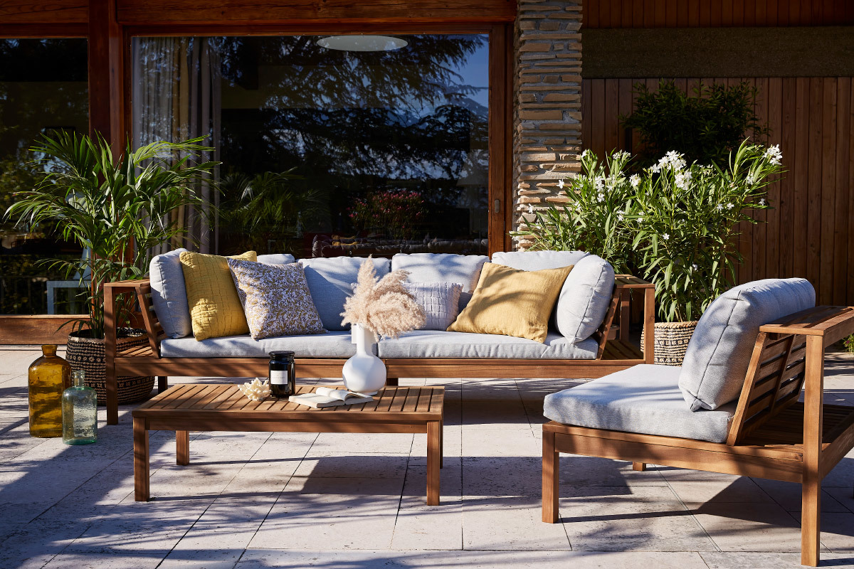 Salon de jardin d'angle en bois massif avec coussins d�houssables gris chin� BELIZE