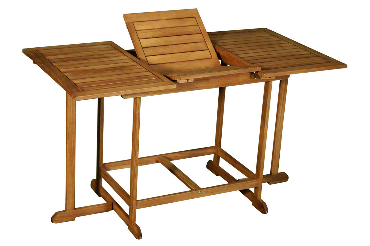 Table extensible en bois d'acacia CARMEN vue de c�t�, avec plateaux repli�s.