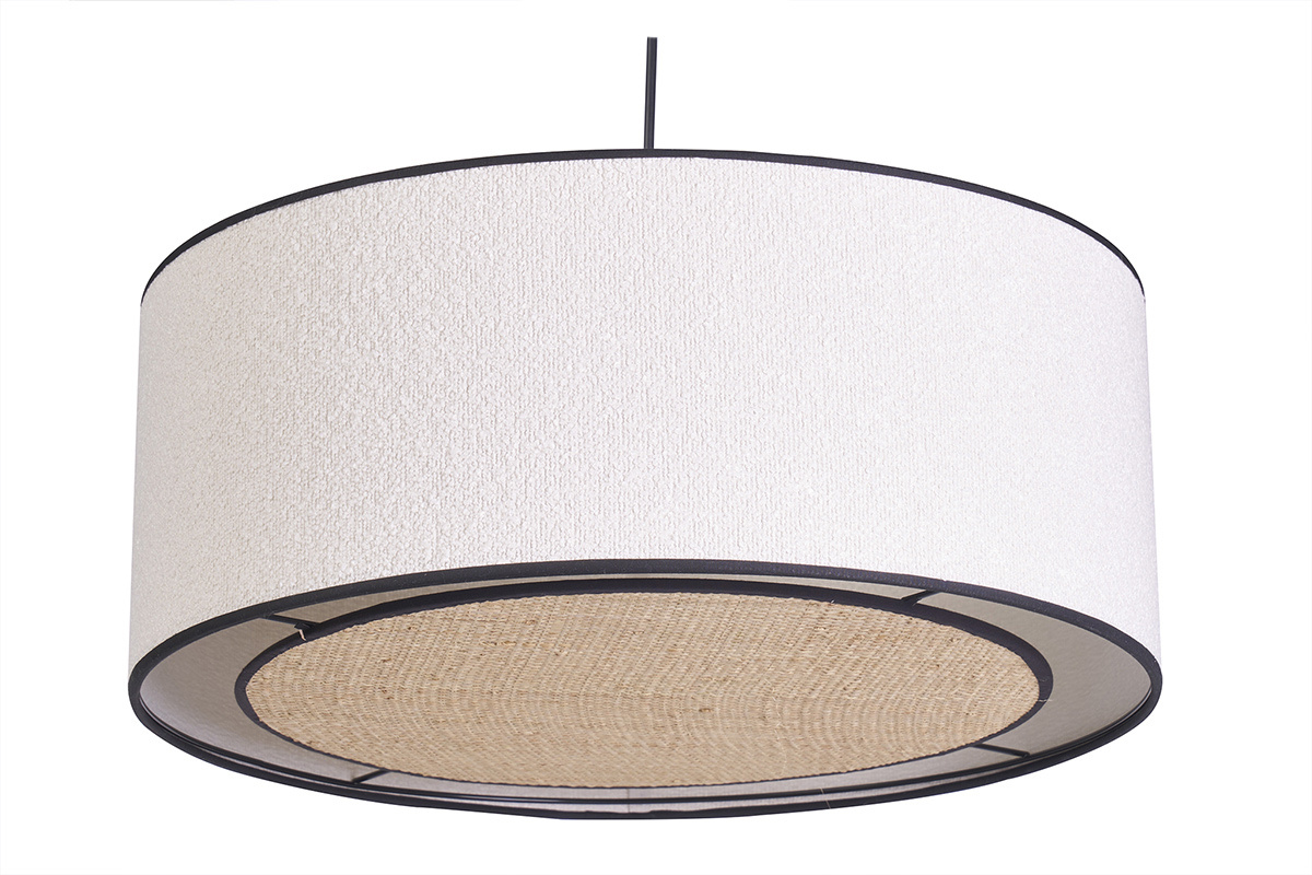 Suspension cylindrique en tissu effet laine boucl�e blanc et rabane naturelle D50 cm TRAVES