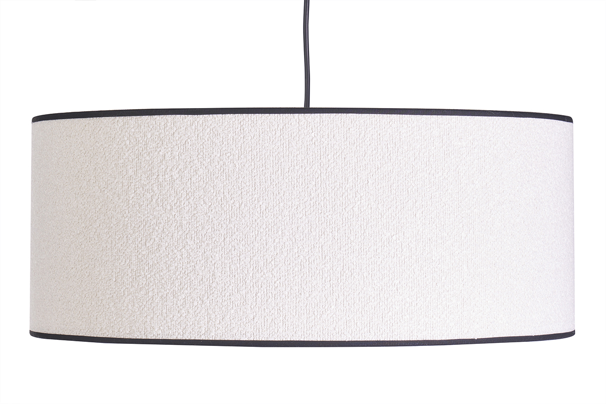 Suspension cylindrique en tissu effet laine boucl�e blanc et rabane naturelle D50 cm TRAVES