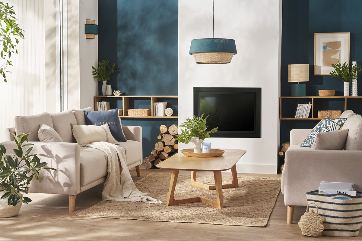 Suspension design bi-mati�re en lin bleu et rabane naturelle D45 cm SENSA