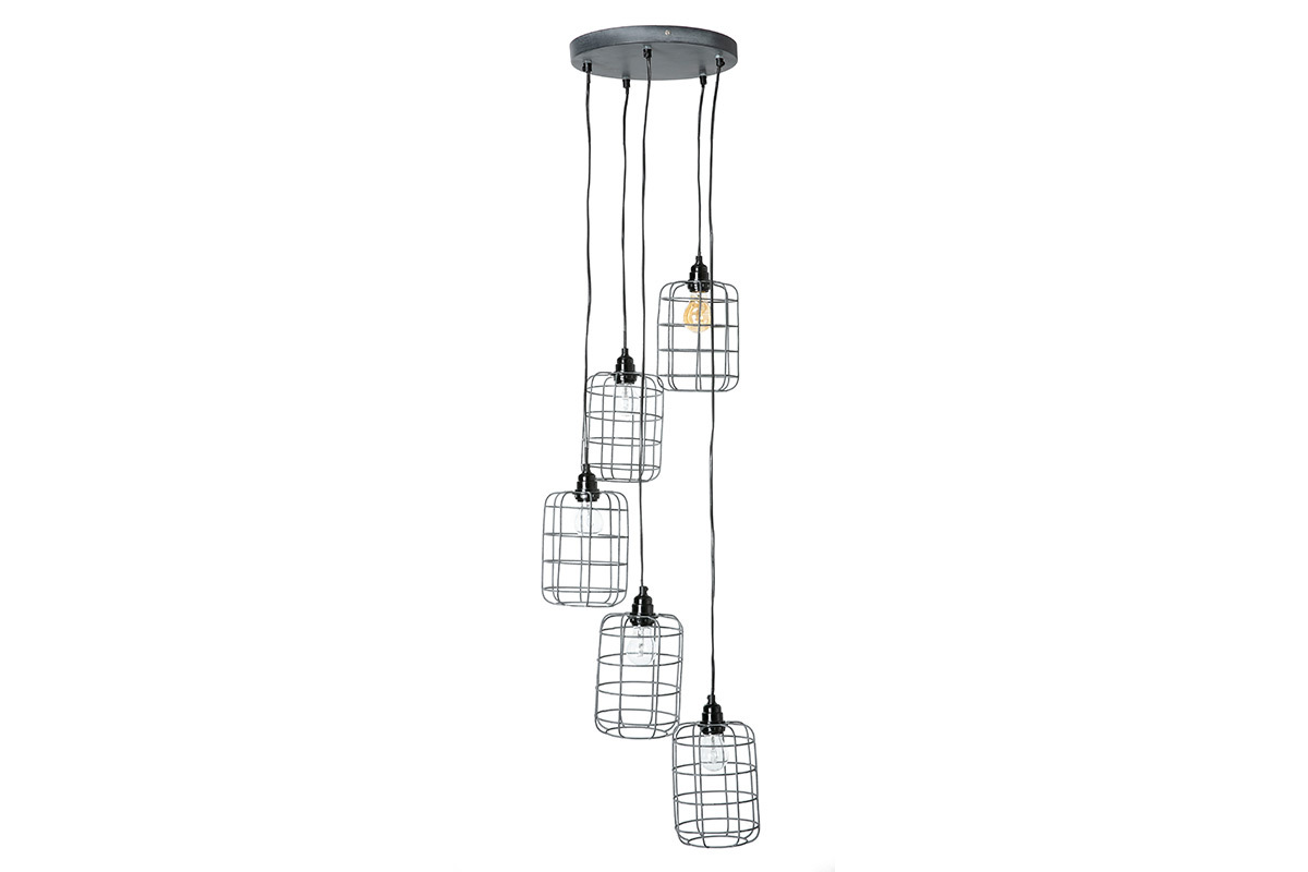 Suspension industrielle 5 lampes �tag�es en m�tal patin� effet vieilli L30 cm LOFT