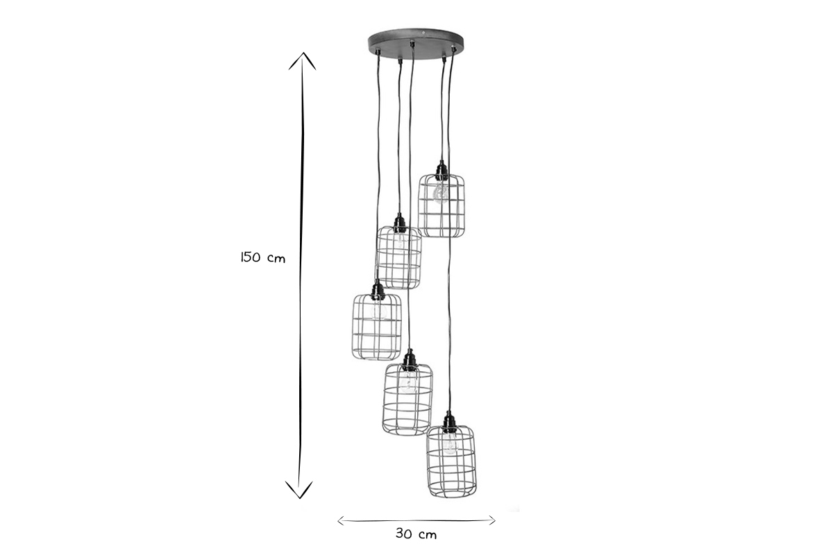 Suspension industrielle 5 lampes �tag�es en m�tal patin� effet vieilli L30 cm LOFT