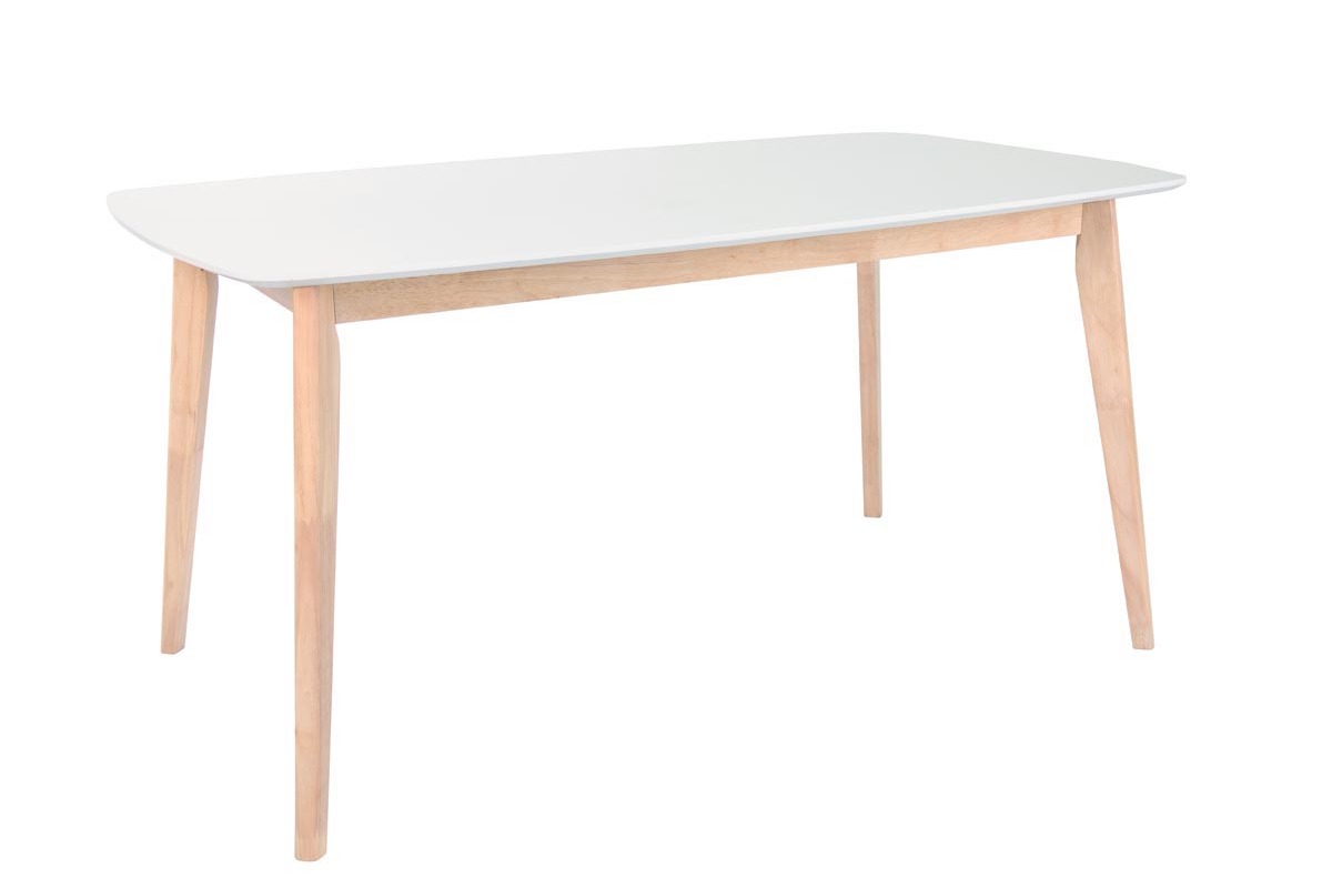 Table � manger design blanche et bois clair, vue de 3/4, dimensions 120 x 75 cm