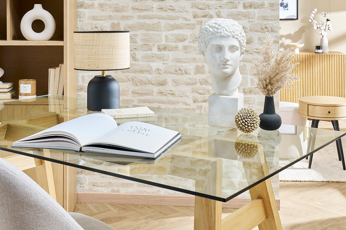 Table � manger design en verre transparent et bois clair L160 cm BACCO