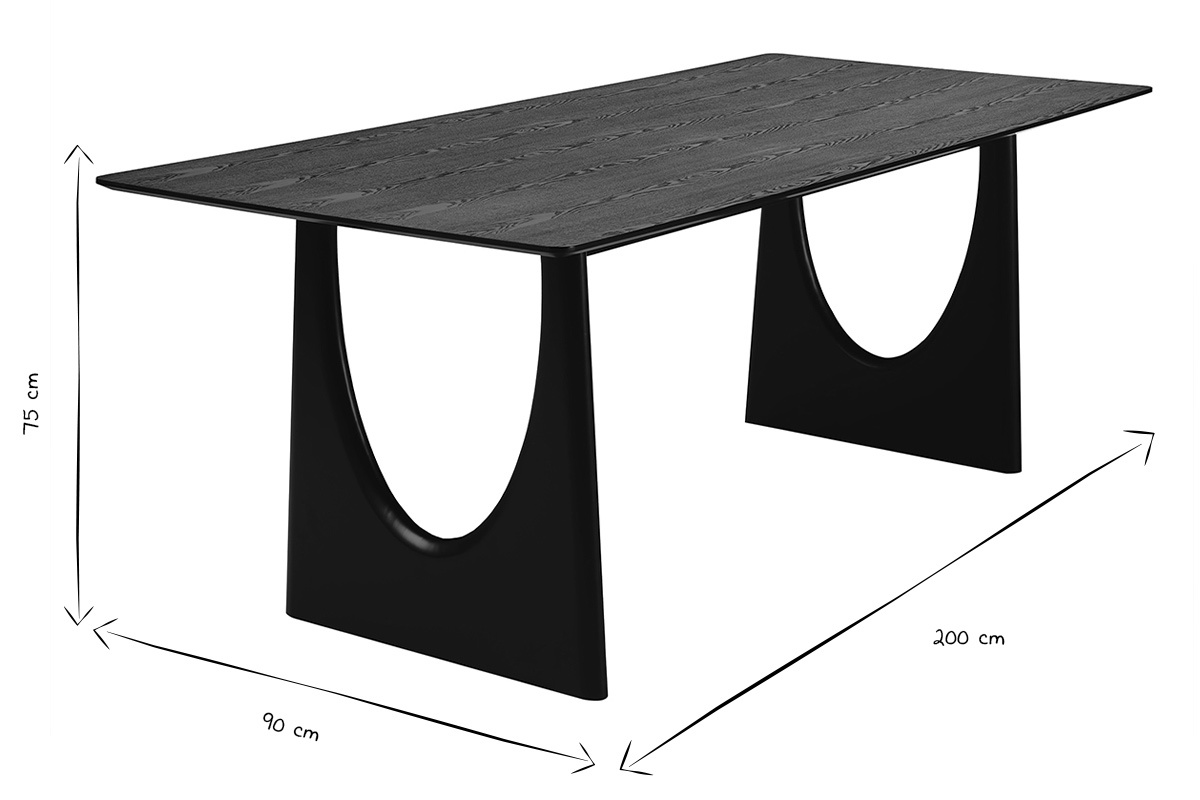 Dimensions de la table � manger KUALA, L200 x P90 x H75 cm en noir et blanc