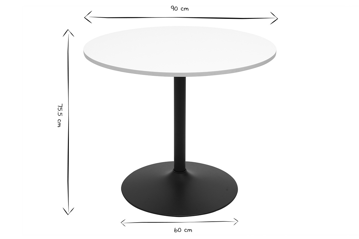 Table ronde blanche et m�tal noir, dimensions 90 cm de diam�tre, 75,5 cm de hauteur, base 60 cm.