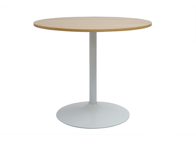 Table &agrave; manger design ronde en bois clair ch&ecirc;ne et m&eacute;tal blanc D90 cm CALISTA