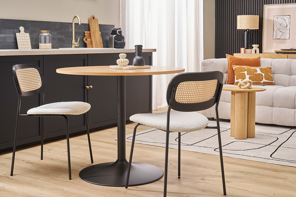 Table � manger design ronde en bois clair ch�ne et m�tal noir D90 cm CALISTA