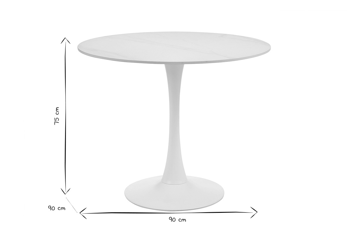 Table ronde en c�ramique blanche, dimensions 90x90x75 cm, vue de c�t�, en noir et blanc.