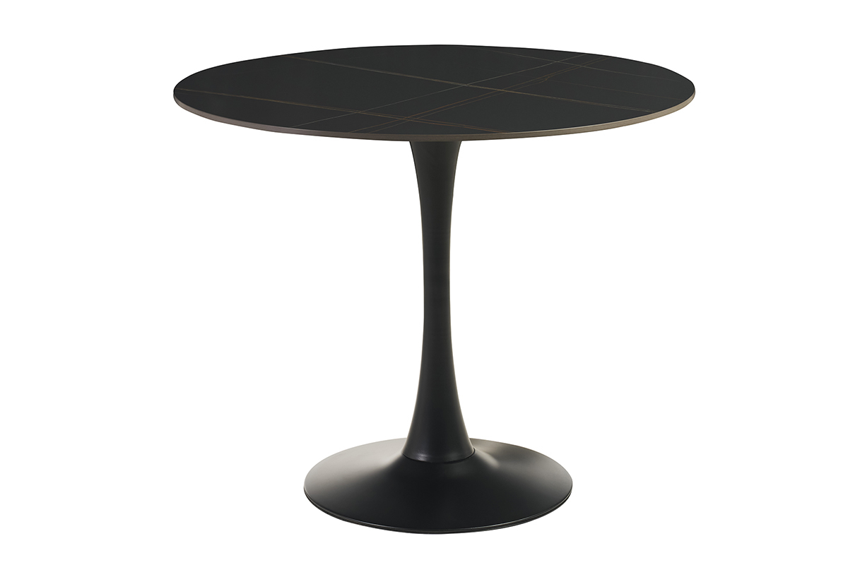 Table � manger ronde en c�ramique noire et m�tal avec pied central, vue de face.