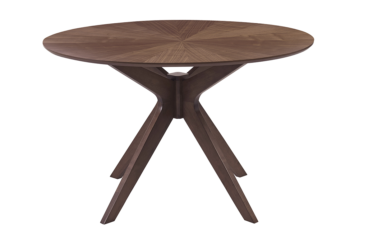 Table � manger ronde en noyer avec pi�tement crois� en bois massif, vue de face.