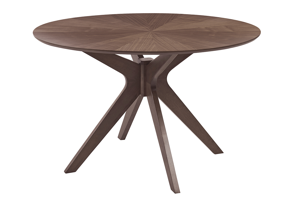 Table ronde noyer DIELLI avec pi�tement en h�v�a massif, vue de 3/4.