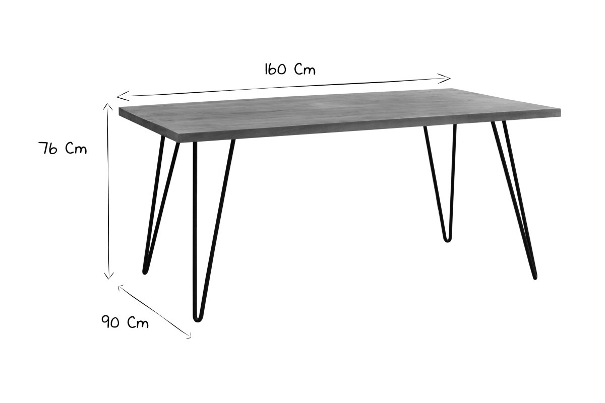 Dimensions de la table VIBES L160 x H76 x P90 cm en noir et blanc, vue de profil.