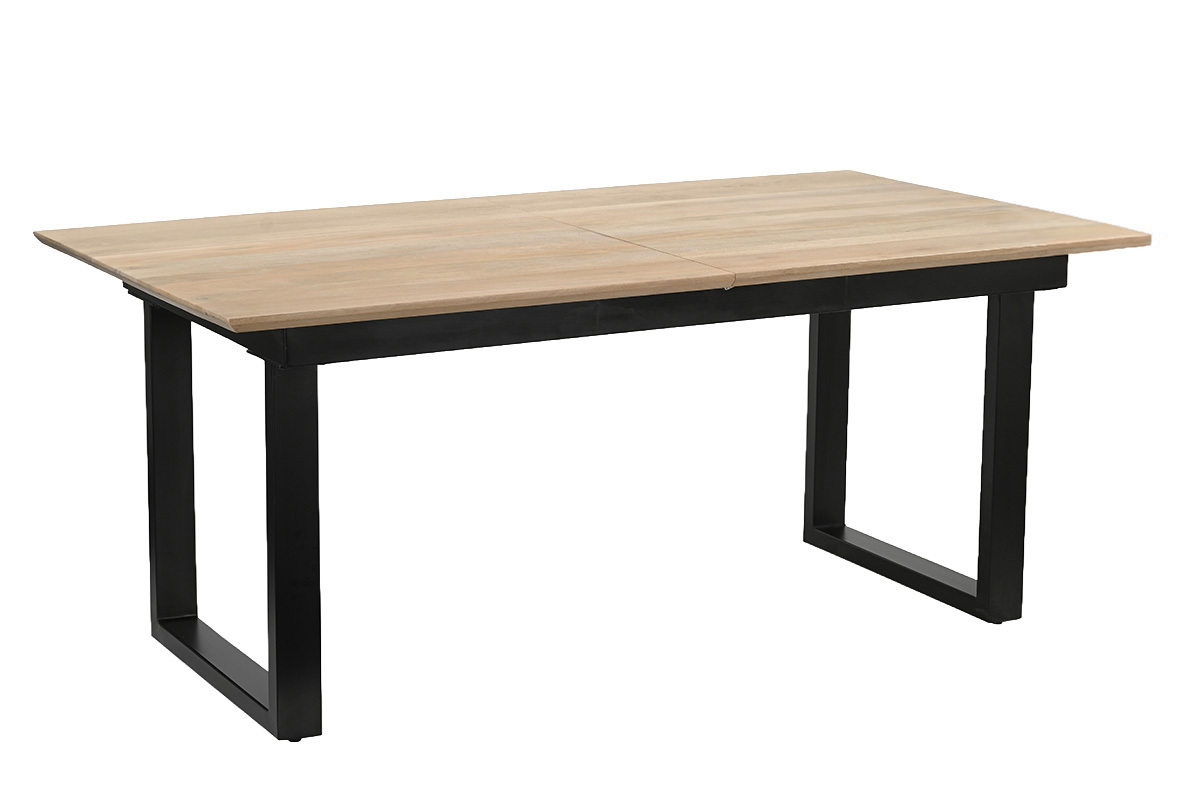 Table � manger extensible en bois manguier clair et m�tal noir vue de 3/4