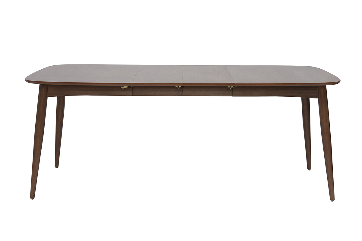 Table � manger extensible NORDECO en noyer, vue de face, 130-190 cm.