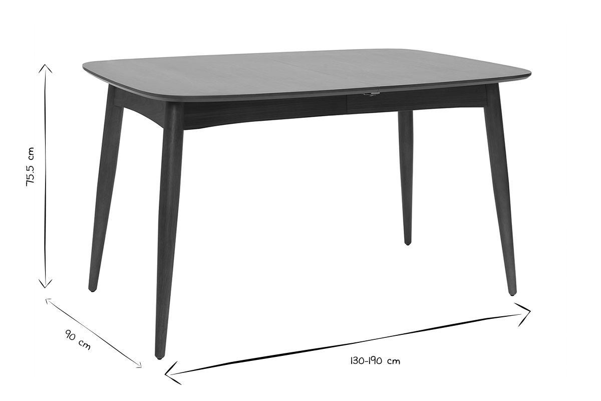 Dimensions de la table � manger extensible NORDECO en noir et blanc, L130-190 cm, H75.5 cm, P90 cm