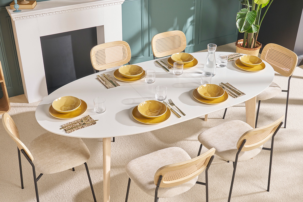 Table � manger extensible ovale blanche et bois clair L150-200 cm LEENA