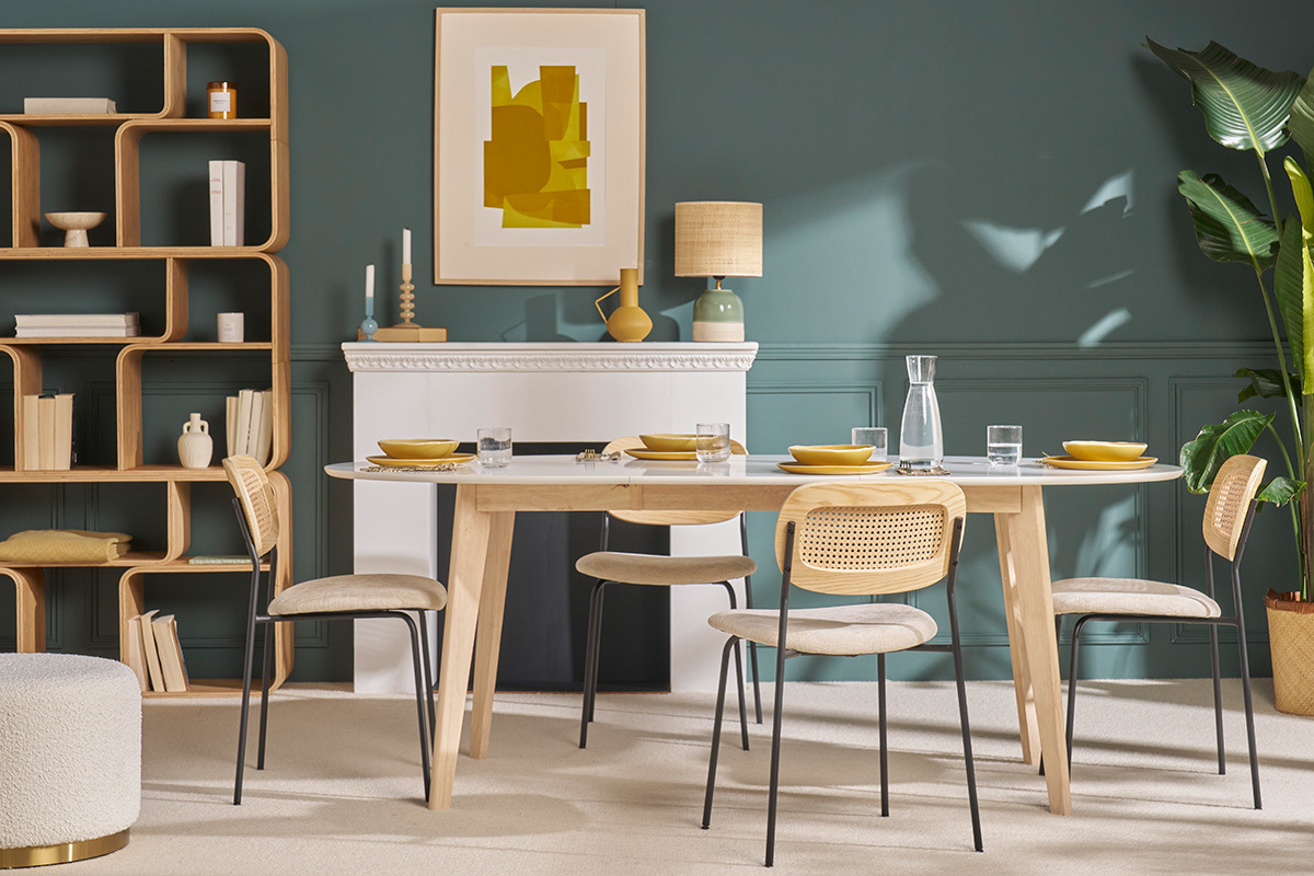 Table � manger extensible ovale blanche et bois clair L150-200 cm LEENA