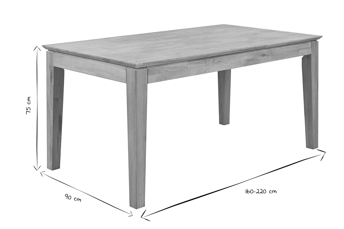 Table � manger extensible YULIA en noir et blanc avec dimensions 160-220 cm, 90 cm, 75 cm.