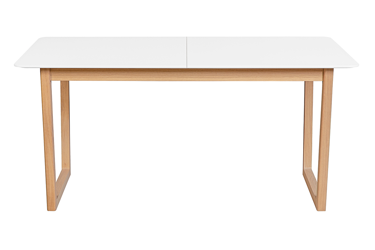 Table � manger extensible rectangulaire rallonges int�gr�es finition blanc et bois clair ch�ne massif L160-240 cm LAHO