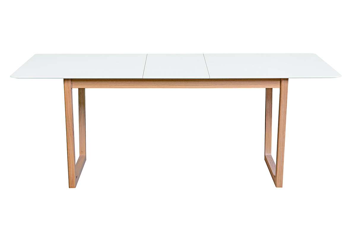 Table � manger extensible rectangulaire rallonges int�gr�es finition blanc et bois clair ch�ne massif L160-240 cm LAHO