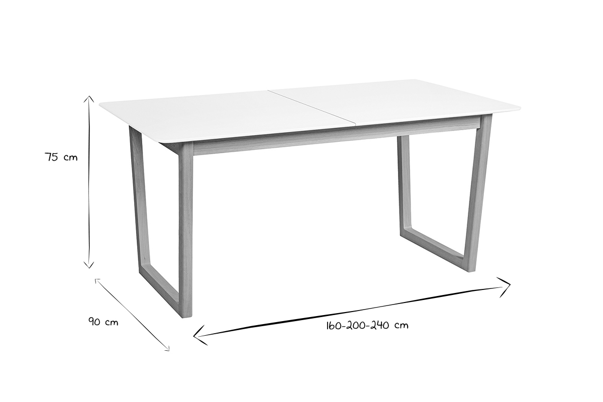 Table � manger extensible rectangulaire rallonges int�gr�es finition blanc et bois clair ch�ne massif L160-240 cm LAHO