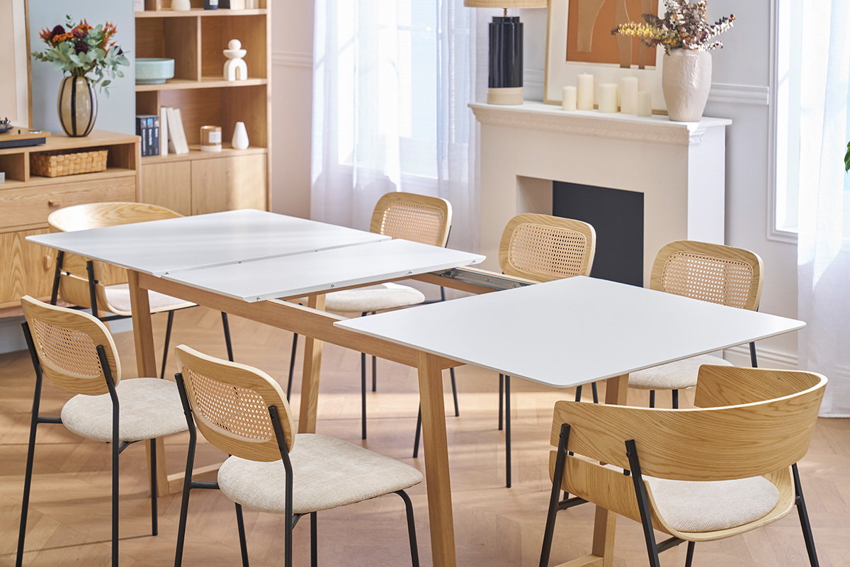 Table � manger extensible rectangulaire rallonges int�gr�es finition blanc et bois clair ch�ne massif L160-240 cm LAHO