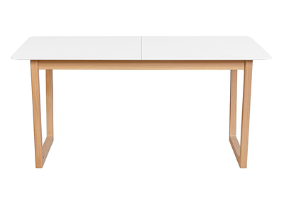 Table &agrave; manger extensible rectangulaire rallonges int&eacute;gr&eacute;es finition blanc et bois clair ch&ecirc;ne massif L160-240 cm LAHO