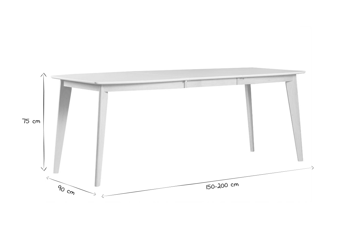 Dimensions de la table � manger extensible scandinave : 150-200 cm x 90 cm x 75 cm, en noir et blanc.