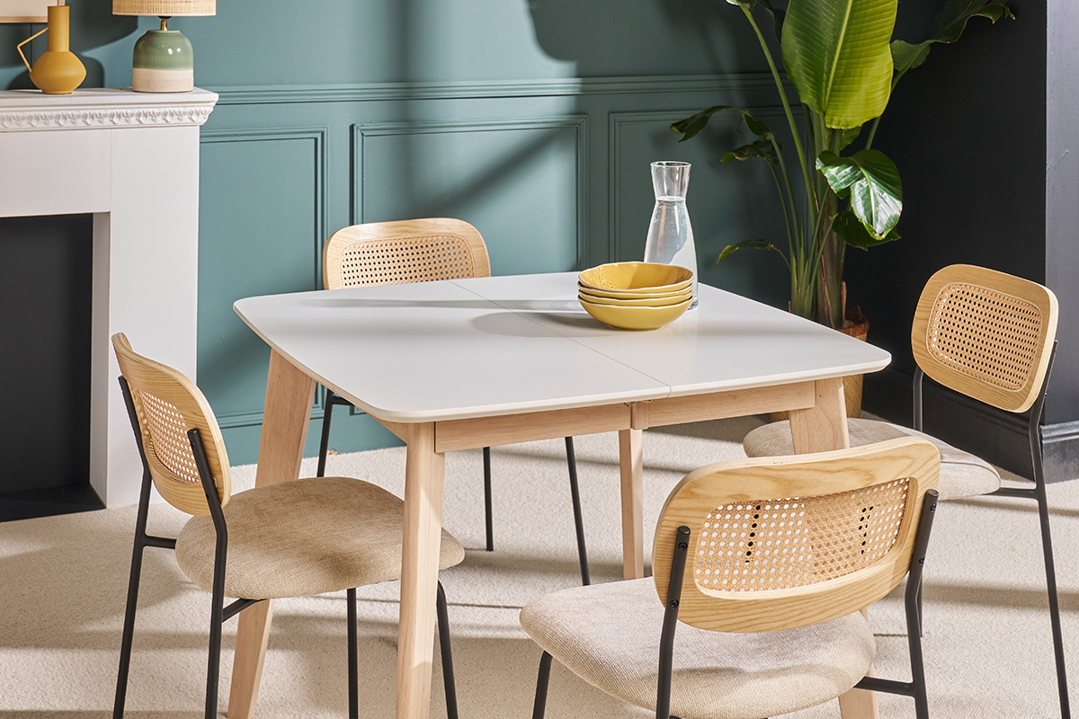 Table � manger extensible scandinave carr�e blanche et bois L90-130 cm LEENA