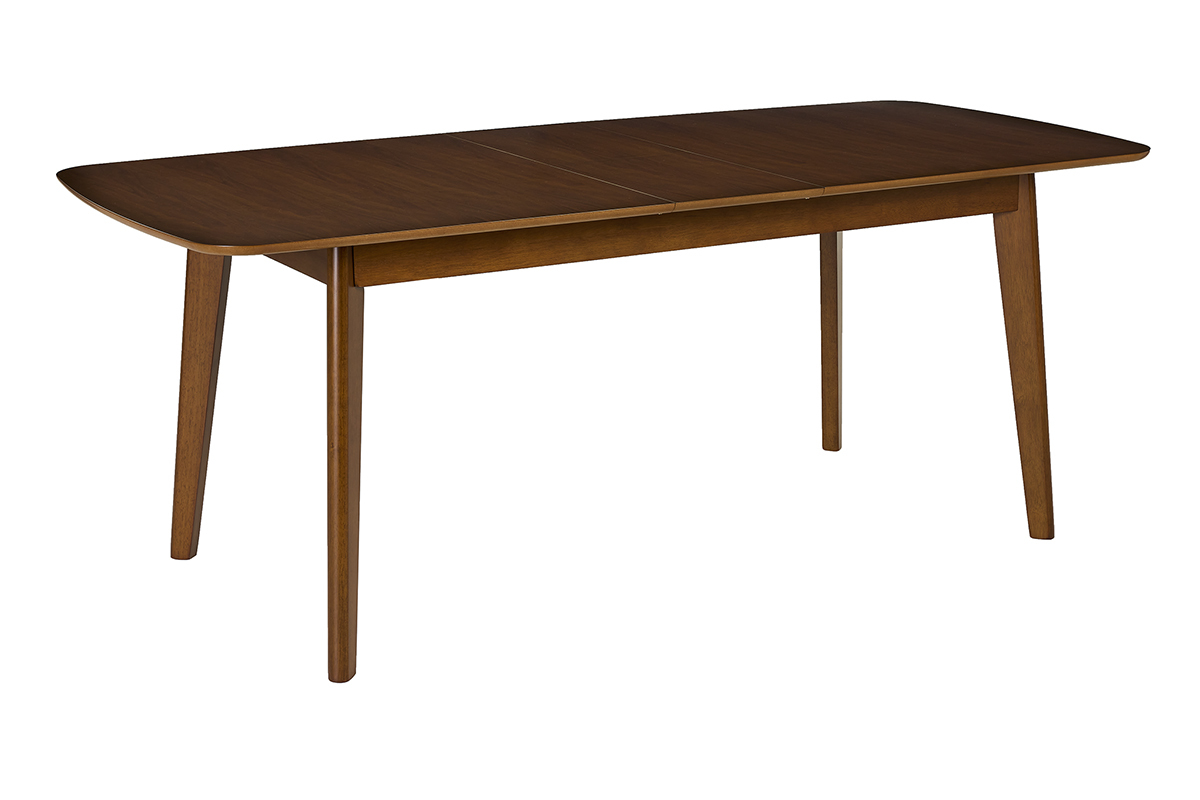 Table � manger extensible en bois noyer, vue de 3/4.