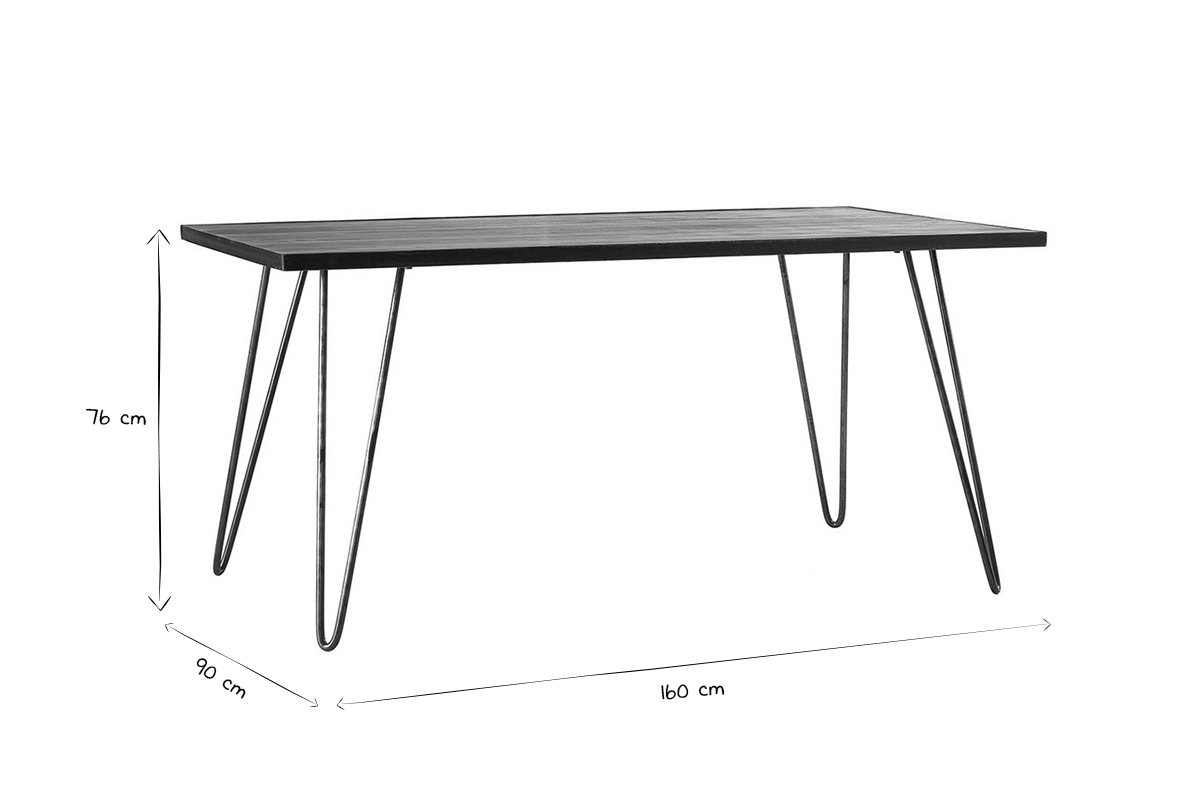 Dimensions de la table � manger industrielle ATELIER en noir et blanc, L160 cm, l90 cm, H76 cm.