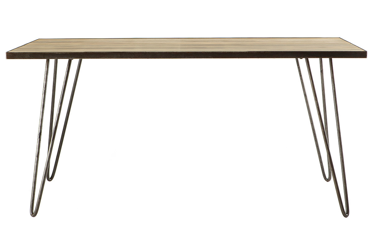 Table � manger rectangulaire industrielle en manguier et m�tal, vue de face.