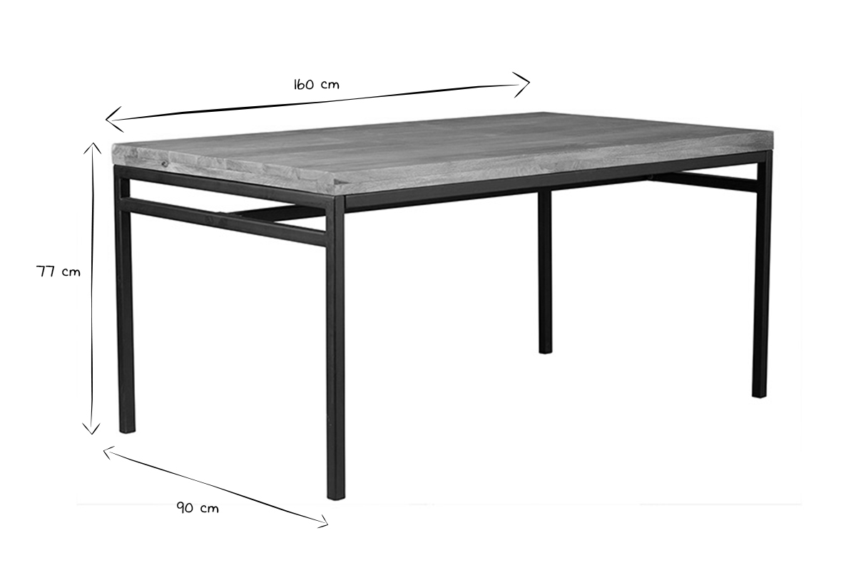 Table industrielle YPSTER en noir et blanc avec dimensions 160x90x77 cm.