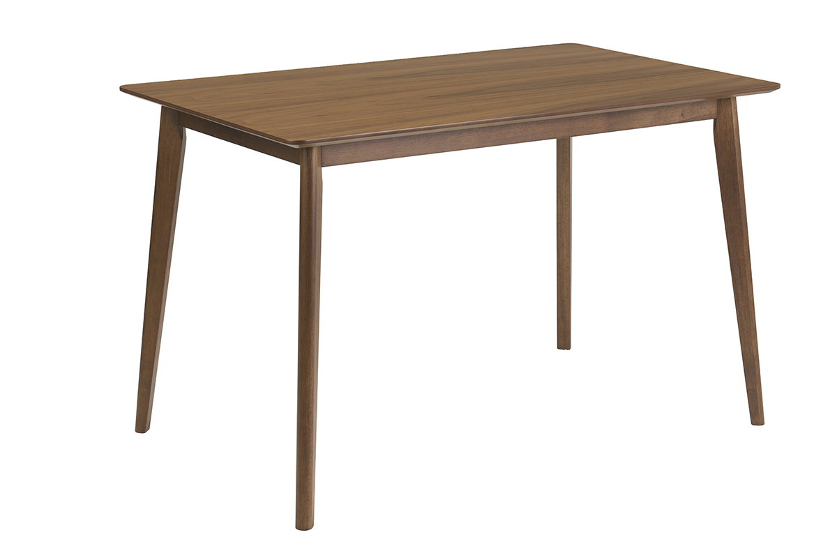 Table � manger rectangulaire en bois fonc� noyer, vue de 3/4, dimensions L120 x P75 cm.