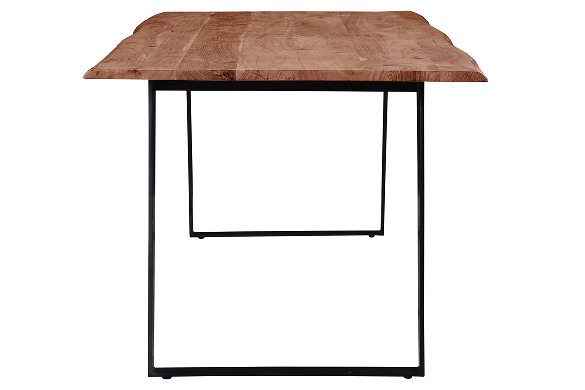 Table � manger rectangulaire en bois acacia avec pieds en m�tal noir, vue de profil.
