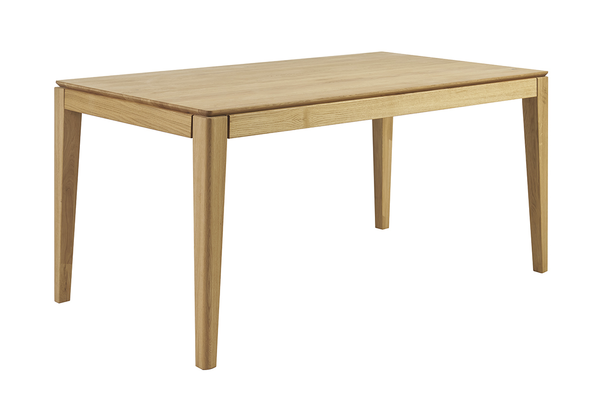 Table � manger en ch�ne clair massif, vue de 3/4, avec rallonge int�gr�e.