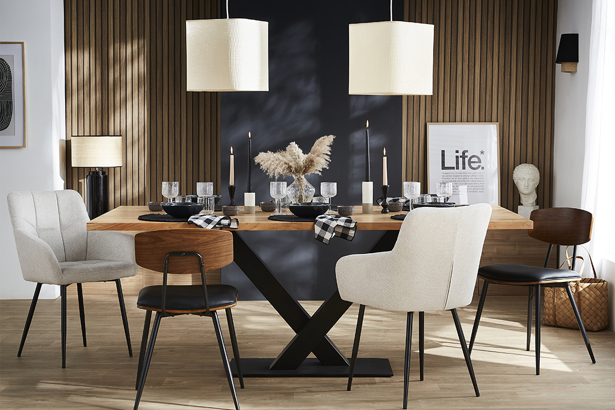 Table � manger rectangulaire industrielle en bois massif et m�tal noir L200 cm VALLEY